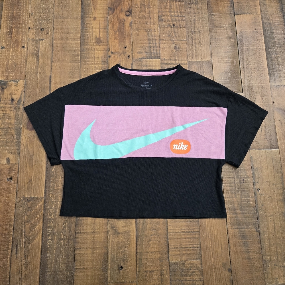 Nike Short-Sleeve Logo Block Cropped Tee Black Pink Teal Teen/Juniors Size Large